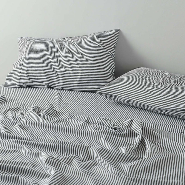 Stripes Linen Blend Sheet Set Bedding Ultra Soft - King - Charcoal Image 3