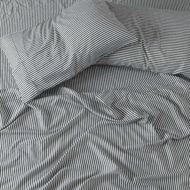 Stripes Linen Blend Sheet Set Bedding Ultra Soft - King - Charcoal Image 4