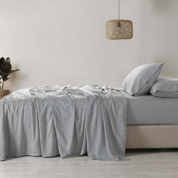 Stripes Linen Blend Sheet Set Bedding Ultra Soft - King - Charcoal Image 5