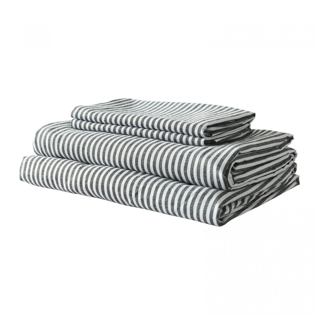 Stripes Linen Blend Sheet Set Bedding Ultra Soft - King - Charcoal Image 8