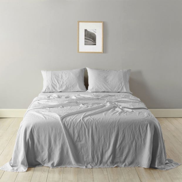 Stripes Linen Blend Sheet Set Bedding Ultra Soft - King - Grey