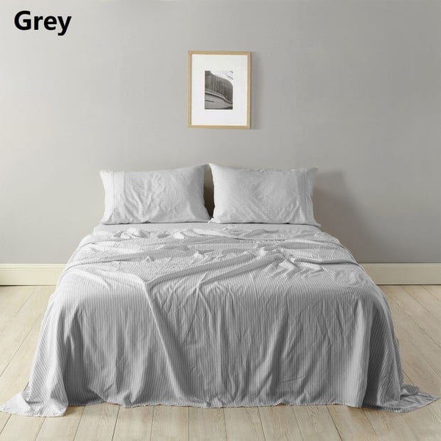 Stripes Linen Blend Sheet Set Bedding Ultra Soft - King - Grey Image 10
