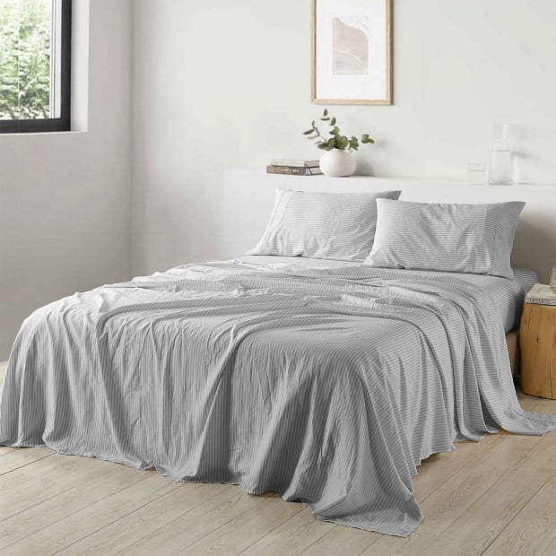 Stripes Linen Blend Sheet Set Bedding Ultra Soft - King - Grey Image 2