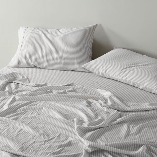 Stripes Linen Blend Sheet Set Bedding Ultra Soft - King - Grey Image 3