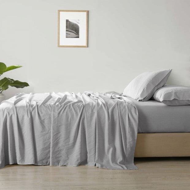 Stripes Linen Blend Sheet Set Bedding Ultra Soft - King - Grey Image 5