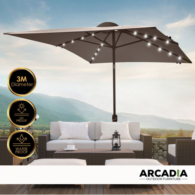 Arcadia Umbrella 3m with Solar LED Lights Garden Yard - Charcoal Image 7