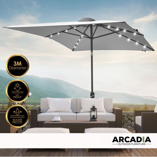 Arcadia mbrella 3m Umbrella with Solar LED Lights Garden Yard - Grey Image 9