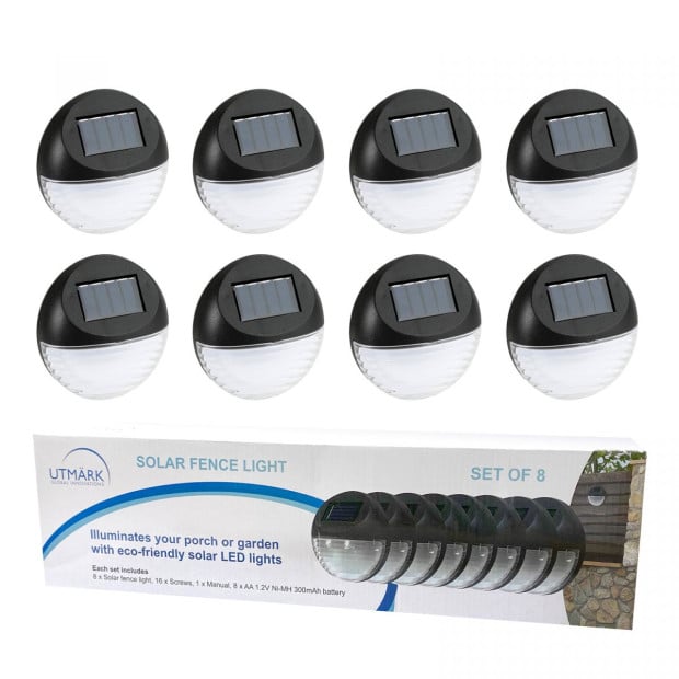 8 Pack Round Solar LED Fence Lights Outdoor Lighting Pathway Wall