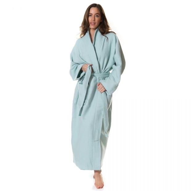 100% Cotton Bathrobe Waffle Unisex Durable - Small - Aqua
