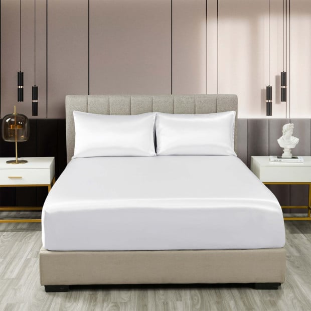 Satin Sheet Set 3 Piece Fitted Sheet Pillowcase - Queen - White