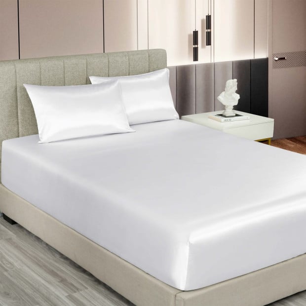 Satin Sheet Set 3 Piece Fitted Sheet Pillowcase - Queen - White Image 2