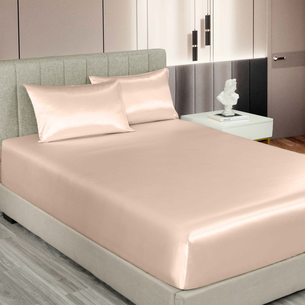 Satin Sheet Set 3 Piece Fitted Pillowcase - Queen - Champagne Pink Image 2