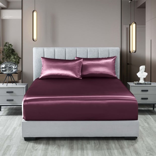 Satin Sheet Set 3 Piece Fitted Sheet Pillowcase - Queen - Malaga Wine