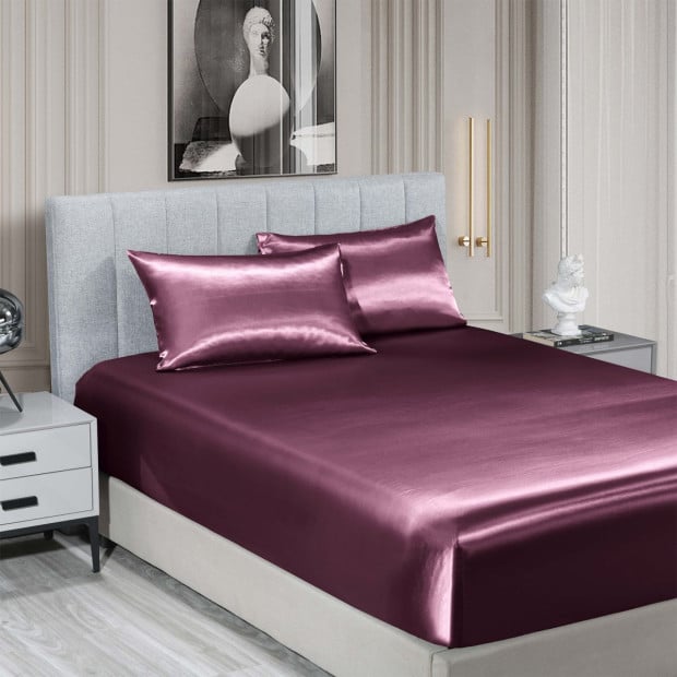 Satin Sheet Set 3 Piece Fitted Sheet Pillowcase - Queen - Malaga Wine Image 2