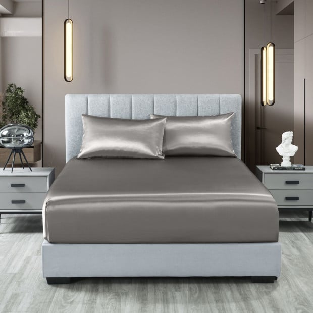Satin Sheet Set 3 Piece Fitted Sheet Pillowcase - Queen - Charcoal