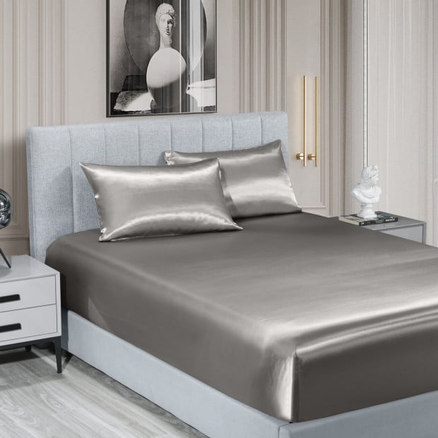 Satin Sheet Set 3 Piece Fitted Sheet Pillowcase - Queen - Charcoal Image 2