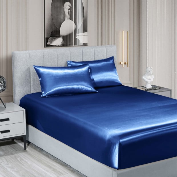 Satin Sheet Set 3 Piece Fitted Sheet Pillowcase - Queen - Navy Blue Image 2