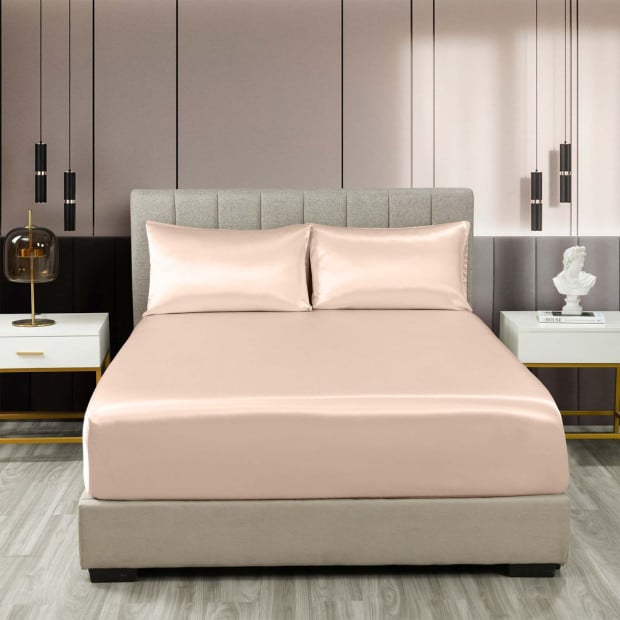 Satin Sheet Set 3 Piece Fitted Sheet Pillowcase- King - Champagne Pink