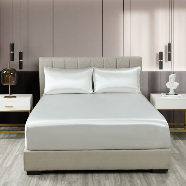 Satin Sheet Set 3 Piece Fitted Sheet Pillowcase King - Silver