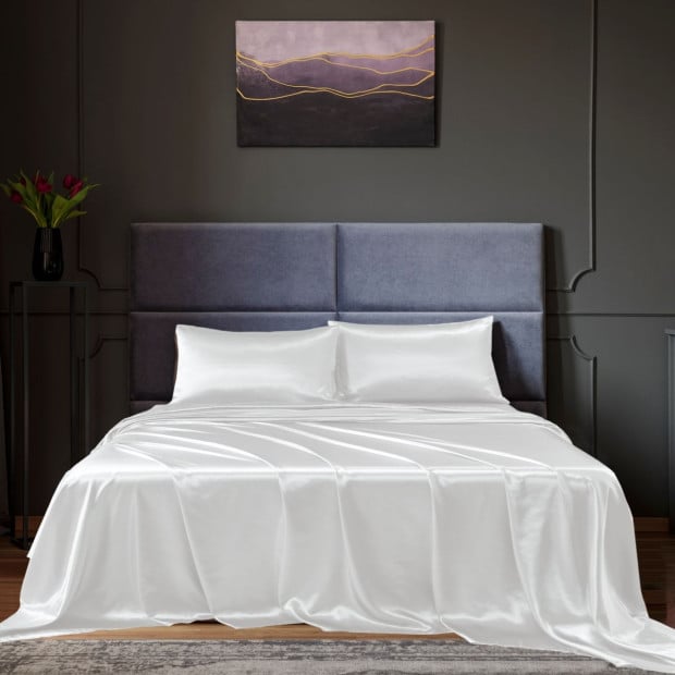 Satin Sheet Set 4 Piece Fitted Flat Sheet Pillowcases - Queen - White