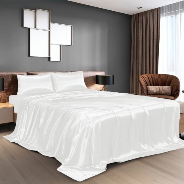 Satin Sheet Set 4 Piece Fitted Flat Sheet Pillowcases - Queen - White Image 2
