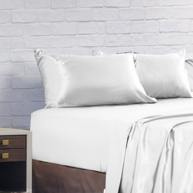 Satin Sheet Set 4 Piece Fitted Flat Sheet Pillowcases - Queen - White Image 6