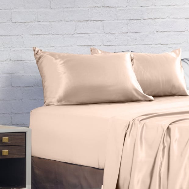 Satin Sheet Set 4 Piece Fitted Flat Pillowcases Queen Champagne Pink Image 8