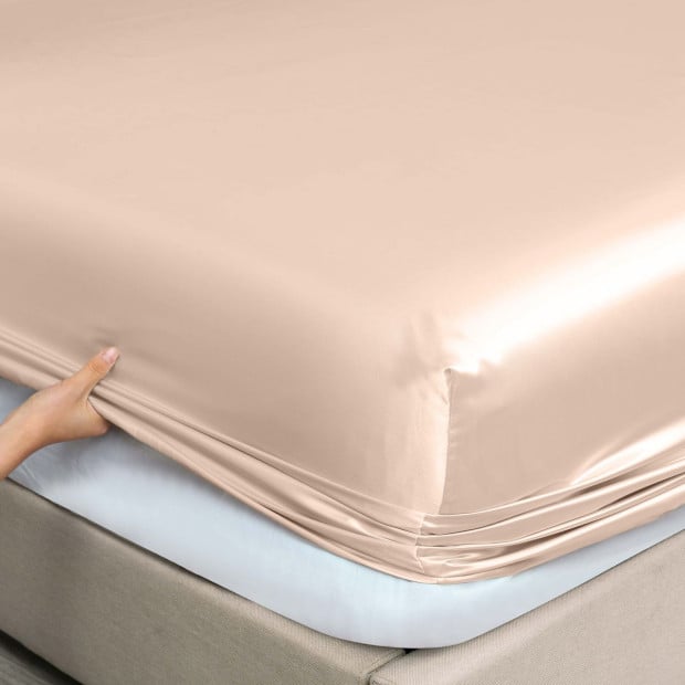 Satin Sheet Set 4 Piece Fitted Flat Pillowcases Queen Champagne Pink Image 9
