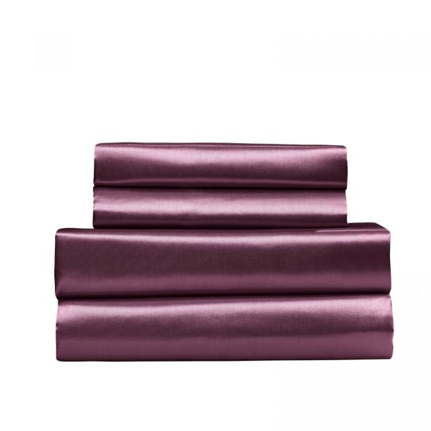 Satin Sheet Set 4 Piece Fitted Flat Pillowcases Queen Malaga Wine Image 4