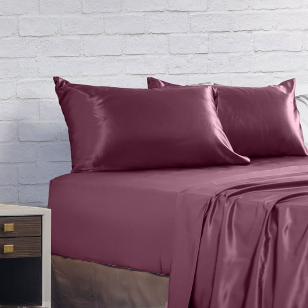 Satin Sheet Set 4 Piece Fitted Flat Pillowcases Queen Malaga Wine Image 6