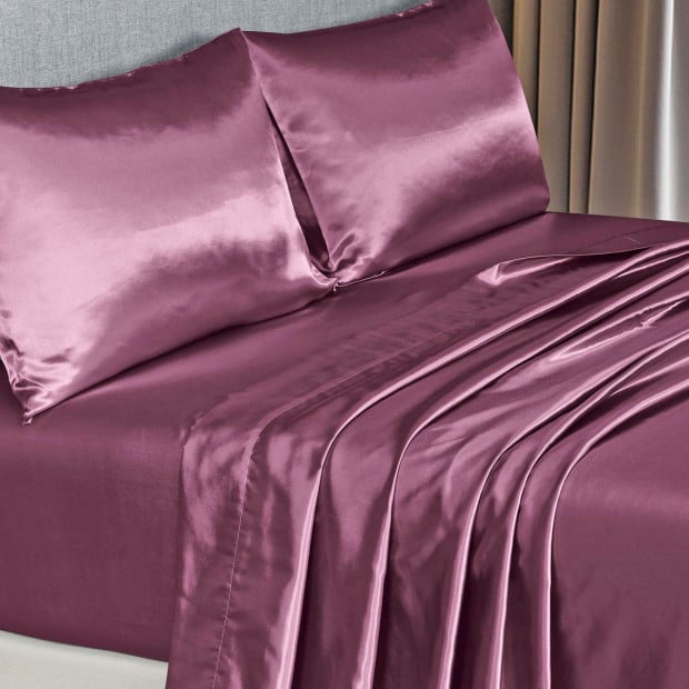 Satin Sheet Set 4 Piece Fitted Flat Pillowcases Queen Malaga Wine Image 7