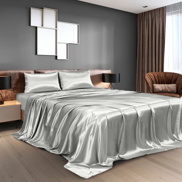 Satin Sheet Set 4 Piece Fitted Flat Pillowcases Queen Silver Image 2