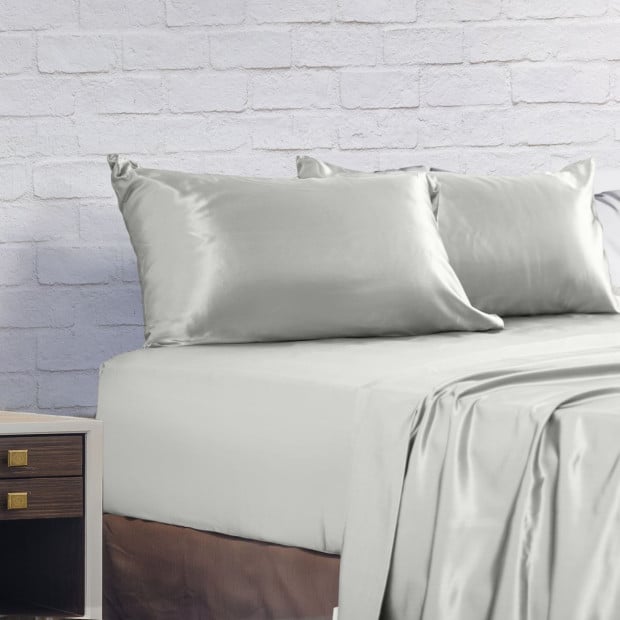 Satin Sheet Set 4 Piece Fitted Flat Pillowcases Queen Silver Image 7