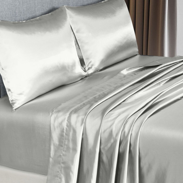 Satin Sheet Set 4 Piece Fitted Flat Pillowcases Queen Silver Image 8