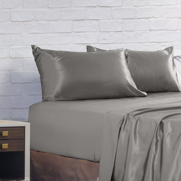 Satin Sheet Set 4 Piece Fitted Flat Pillowcases- Queen - Charcoal Image 8