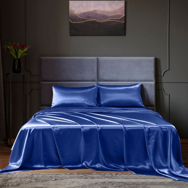 Satin Set 4 Piece Fitted Flat Sheet Pillowcases - Queen - Navy Blue