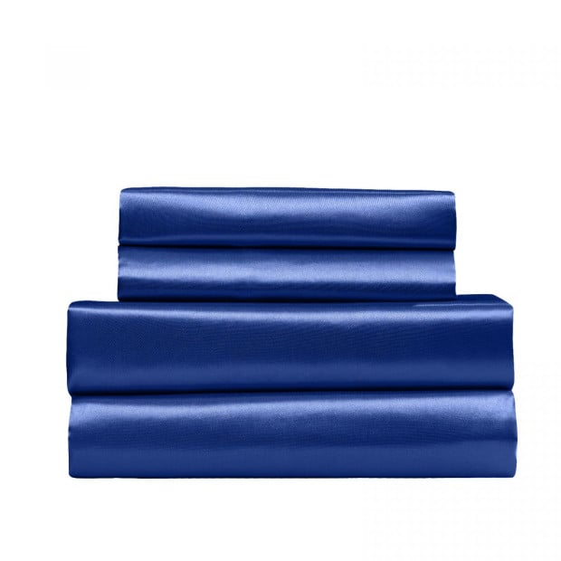 Satin Set 4 Piece Fitted Flat Sheet Pillowcases - Queen - Navy Blue Image 4