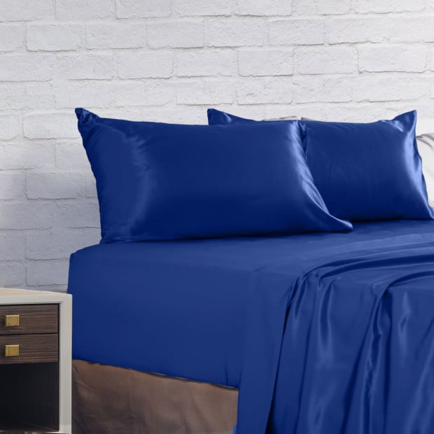 Satin Set 4 Piece Fitted Flat Sheet Pillowcases - Queen - Navy Blue Image 6