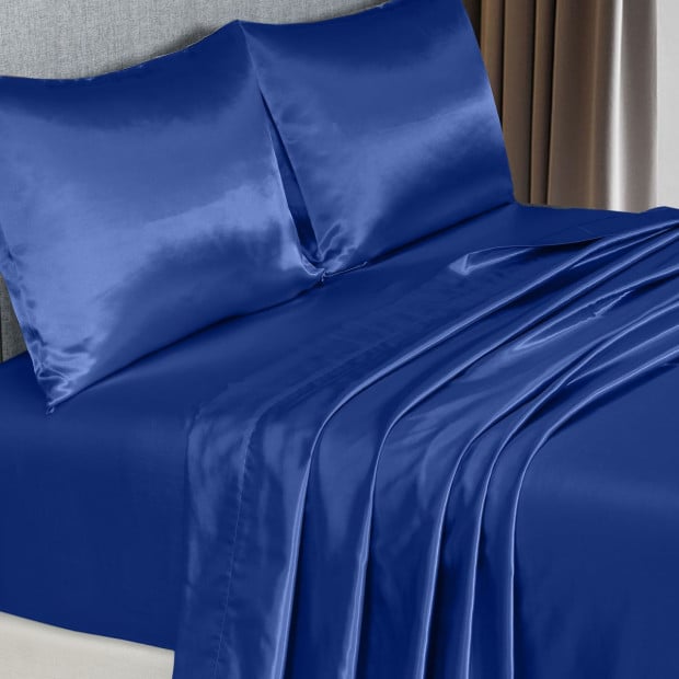 Satin Set 4 Piece Fitted Flat Sheet Pillowcases - Queen - Navy Blue Image 7