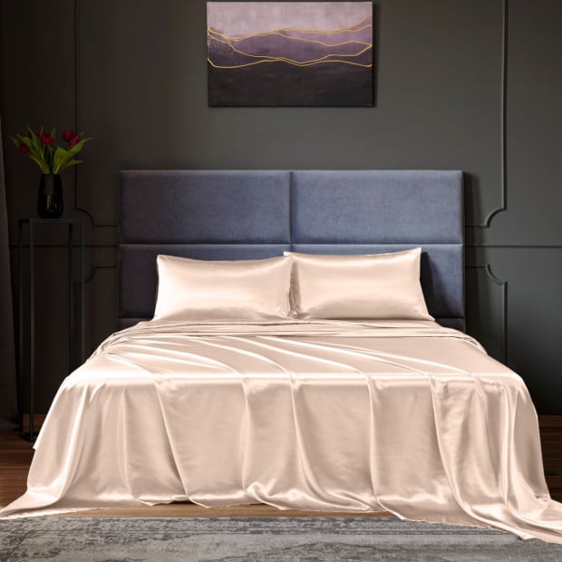 Satin Sheet 4 Piece Fitted Flat Pillowcases King Champagne Pink