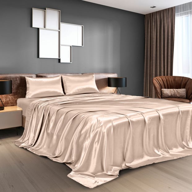 Satin Sheet 4 Piece Fitted Flat Pillowcases King Champagne Pink Image 2