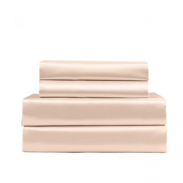 Satin Sheet 4 Piece Fitted Flat Pillowcases King Champagne Pink Image 4