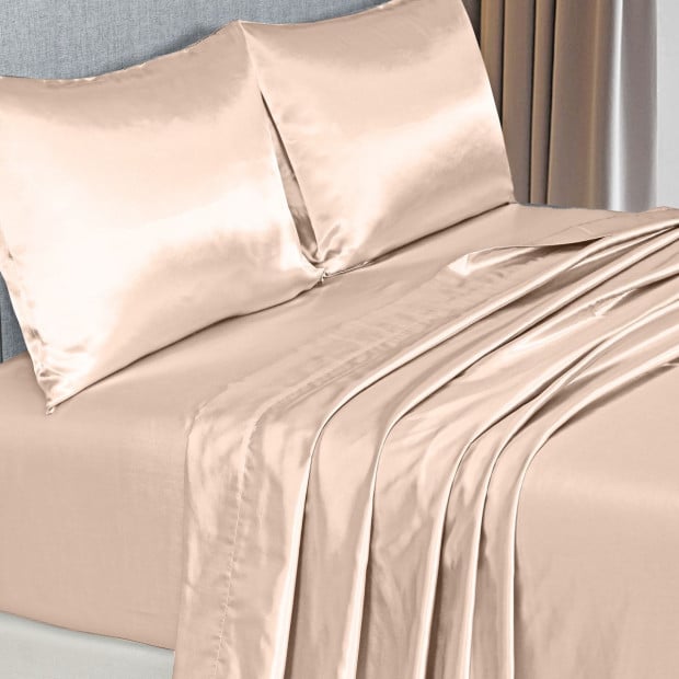 Satin Sheet 4 Piece Fitted Flat Pillowcases King Champagne Pink Image 7