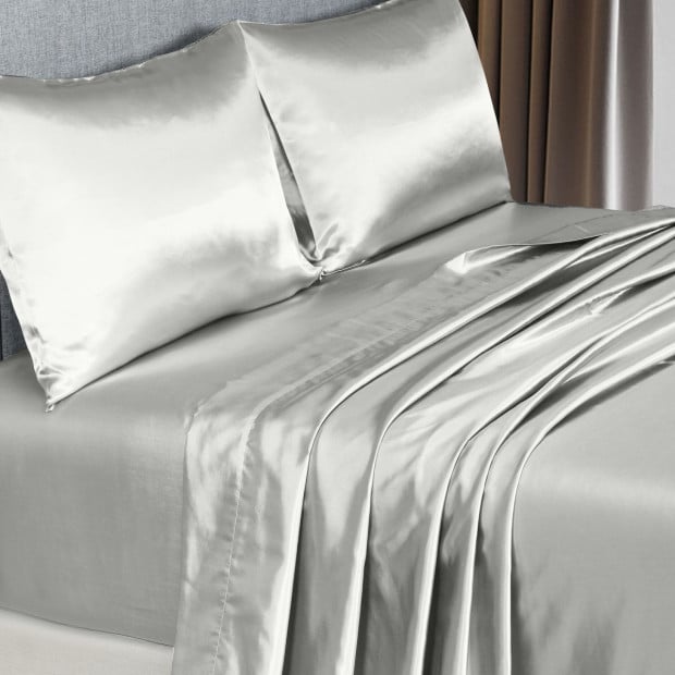 Satin Sheet Set 4 Piece Fitted Flat Sheet Pillowcases- King - Silver Image 7