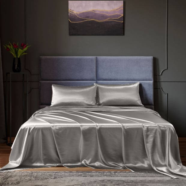 Satin Sheet 4 Piece Fitted Flat Sheet Pillowcases- King - Charcoal