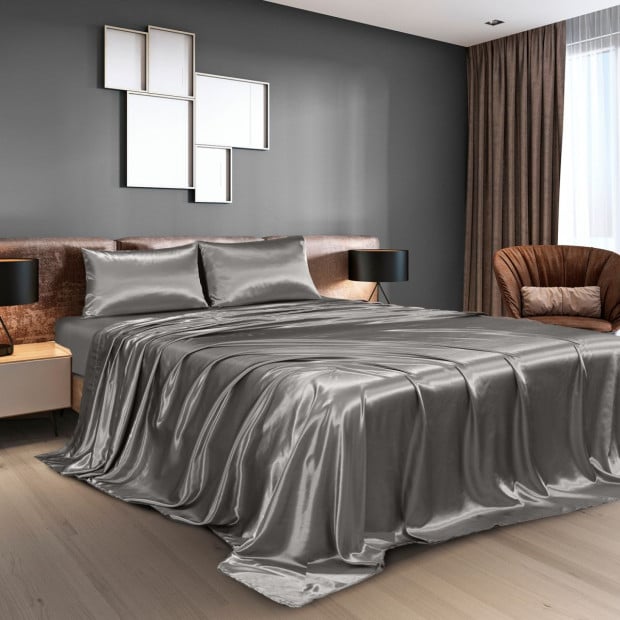 Satin Sheet 4 Piece Fitted Flat Sheet Pillowcases- King - Charcoal Image 2