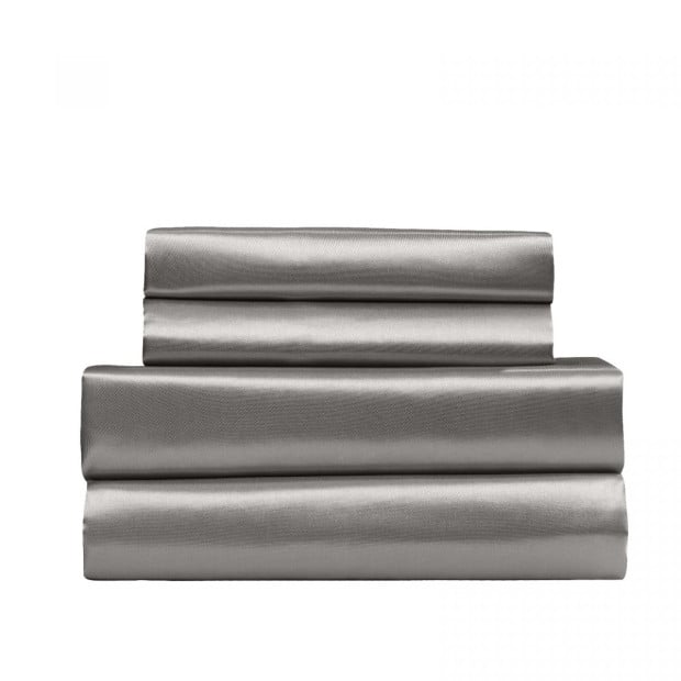 Satin Sheet 4 Piece Fitted Flat Sheet Pillowcases- King - Charcoal Image 4