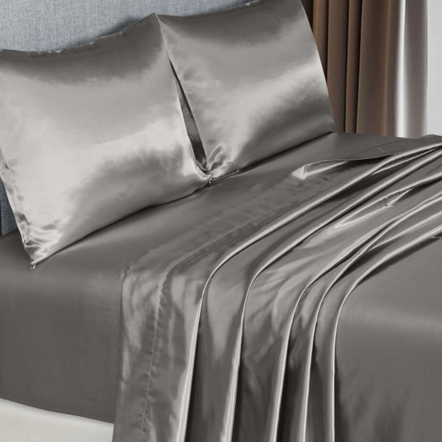 Satin Sheet 4 Piece Fitted Flat Sheet Pillowcases- King - Charcoal Image 6