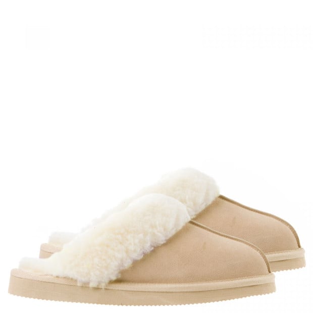 Ugg Scuff Slippers Womens Leather Upper Wool Lining (6-7) - Beige