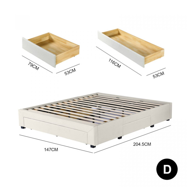 Decor Bed Base with Drawers Upholstered Fabric Wood Cream - Double - Cream Image 2